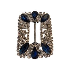 NWT Metal Gallery Sash Brooch Blue & Clear Faceted Rhinestones Fancy
